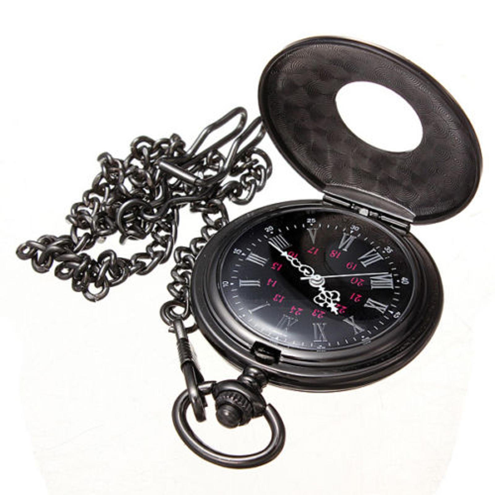Retro Steampunk Pocket Watch Black Vintage Quartz Pendant Necklace Chain Gift