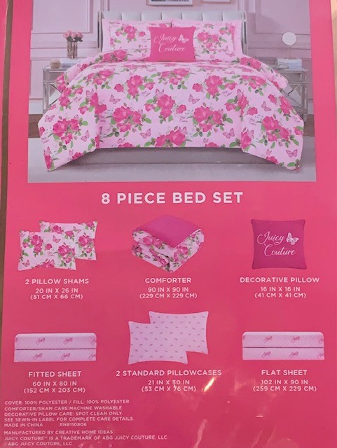 Juicy Couture Pink w/Roses & Butterflies QUEEN Set Comforter,Shams,Sheets,Pillow