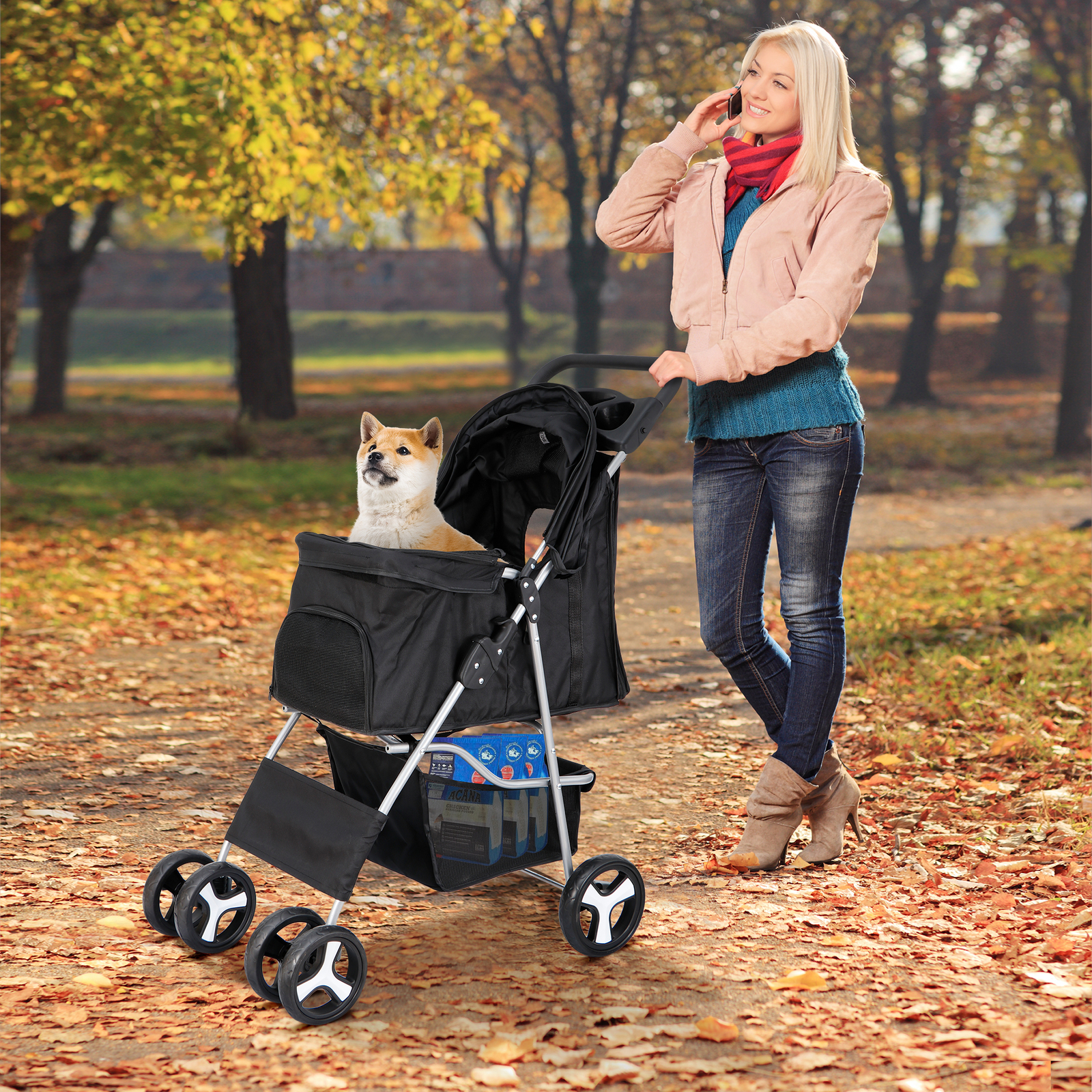 3/4 Wheels Foldable Dog Stroller Pet Travel Carriage for Pets with Carrier Cart