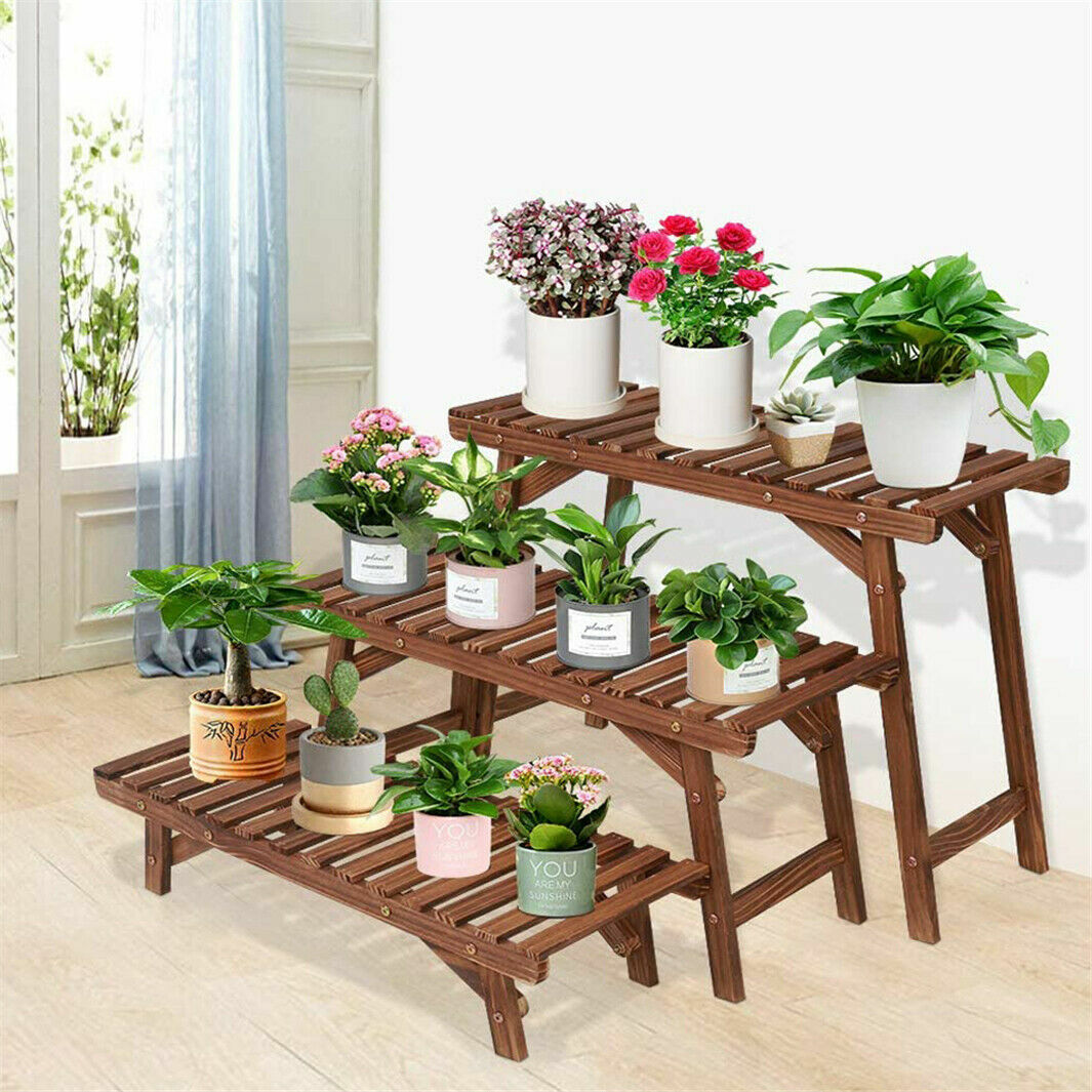 Large Wood Tier Shelf Flower Plant Display Stand Rack Freestanding Movable Bench