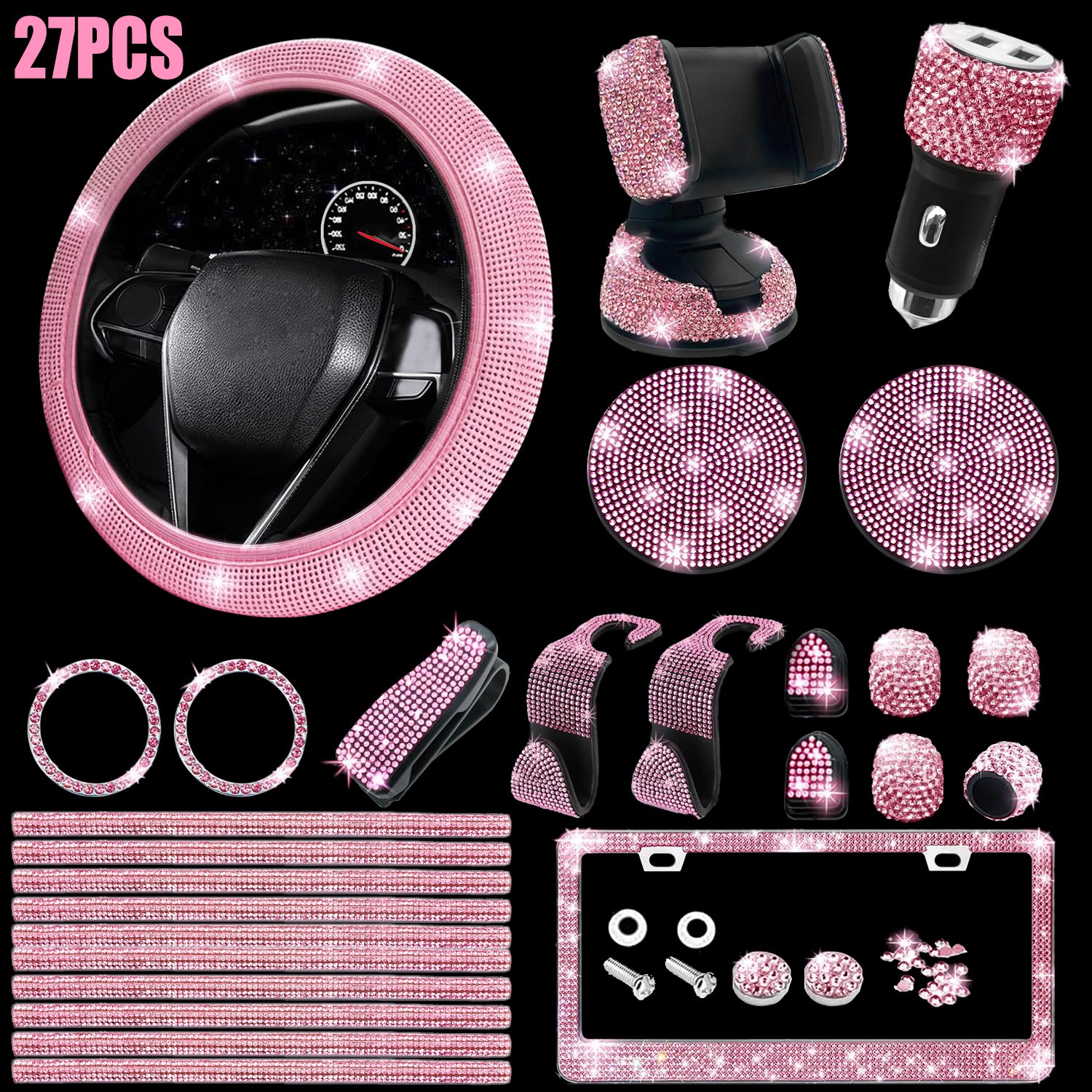 27PCS Car Diamond Interior Steering Wheel Cover Set Bling Accessorie for Women