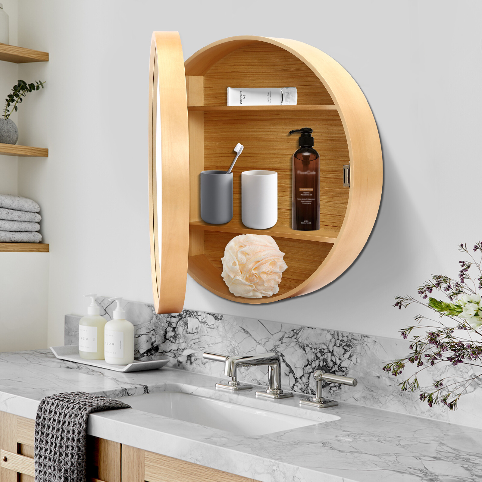 Mirror Cabinet Round Bathroom Mirror Cabinet with Hidden Storage Wall-mounted