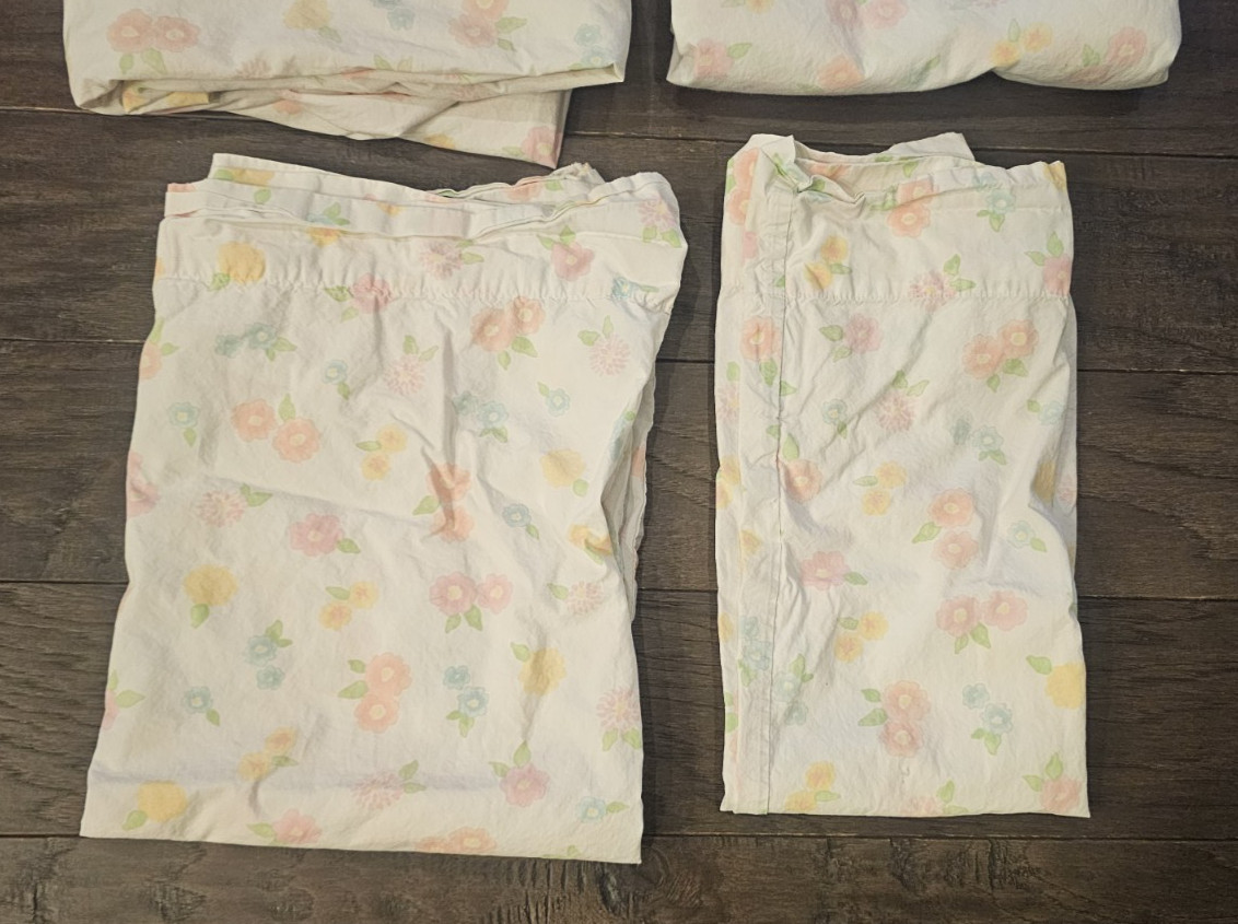 Pottery Barn Kids Floral Pink Blue Yellow TWIN Sheets Fitted Flat + 2 Pillowcase