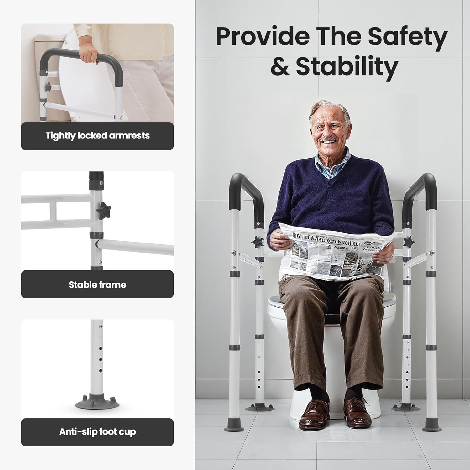Toilet Frame for Seniors, Elderly & Disabled, Toilet Rails Adjustable, Foldable