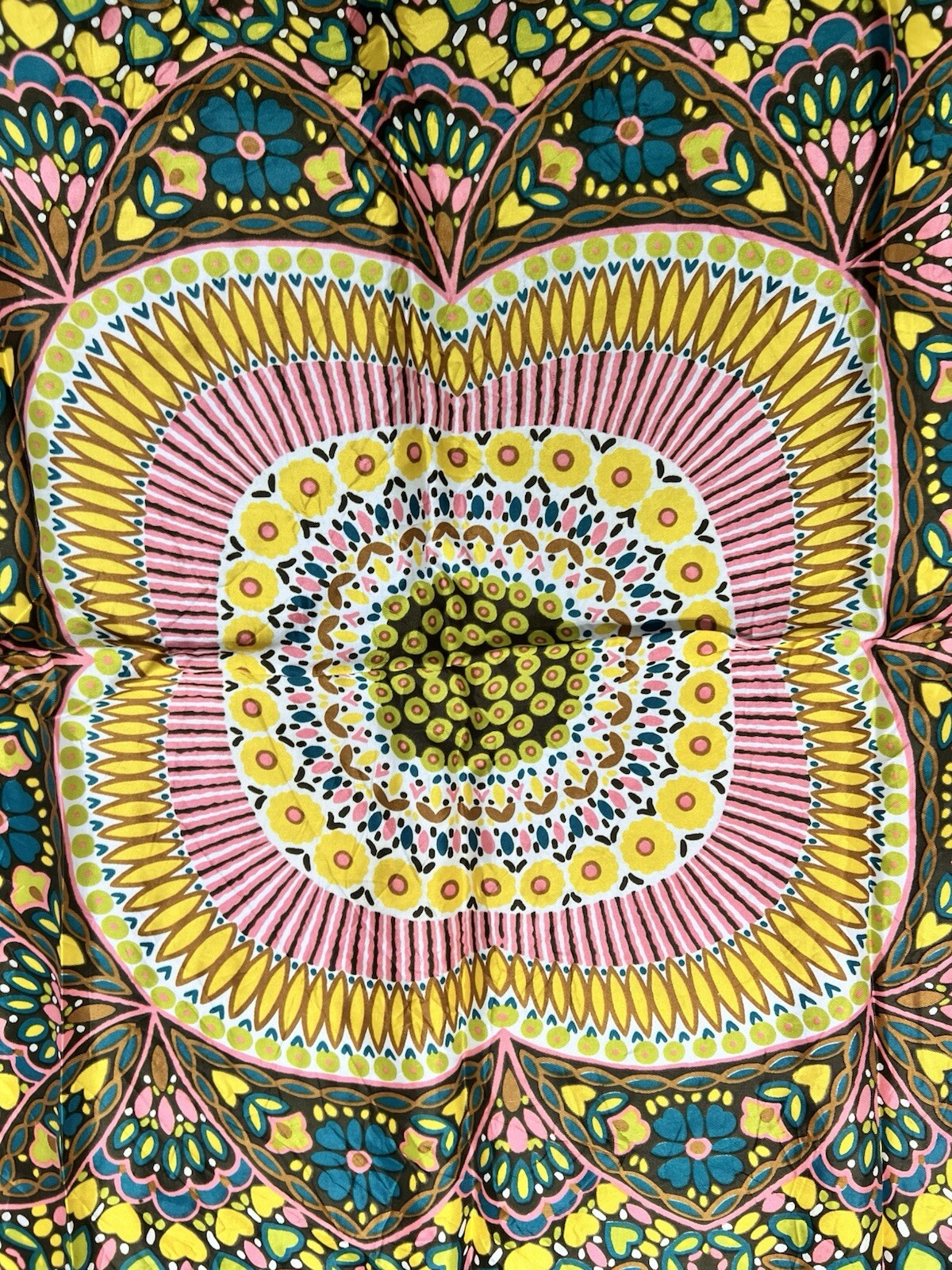 Fun Women's Scarf Retro Floral & Heart Design Brown Background Pink Yellow Blues