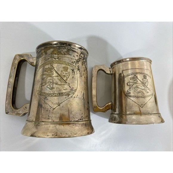 Vtg English Silver Plated Heraldic Lion Crest Tankard Beer Mug Steins Set of 2
