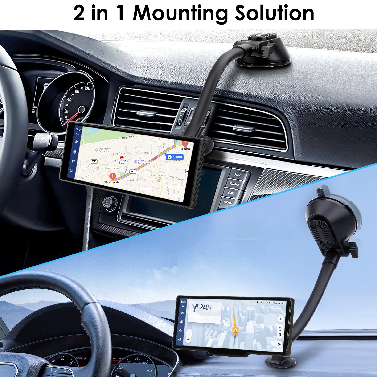 CarPlay Screen Mount Suction Cup Holder for 7–10.26"Car Monitors w/Gooseneck Arm