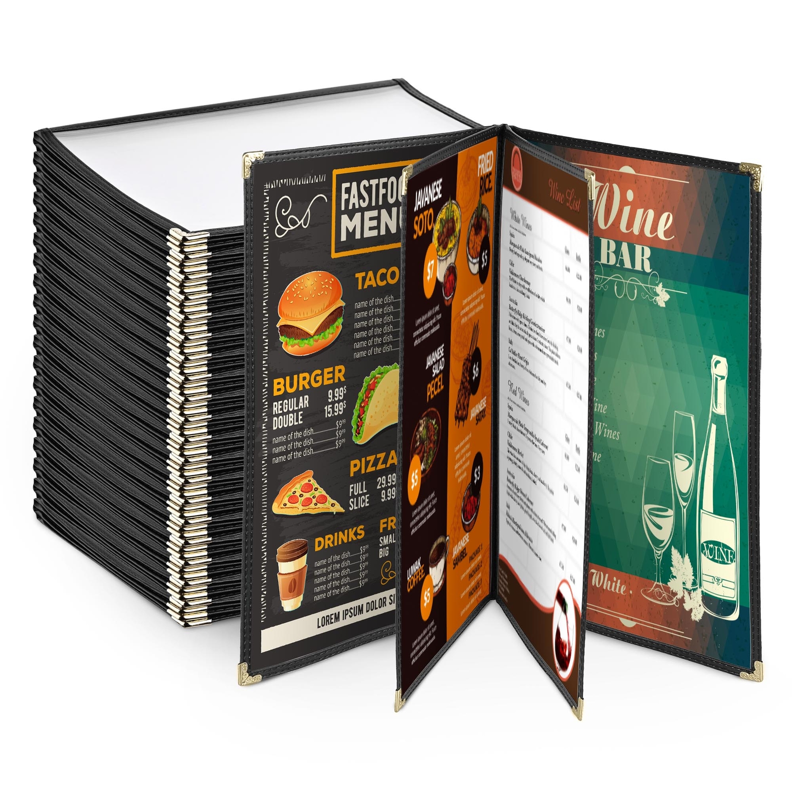 WeChef 20 Pack 8.5"x14" 4 Page 8 View Menu Covers Black Trim Restaurant Cafe