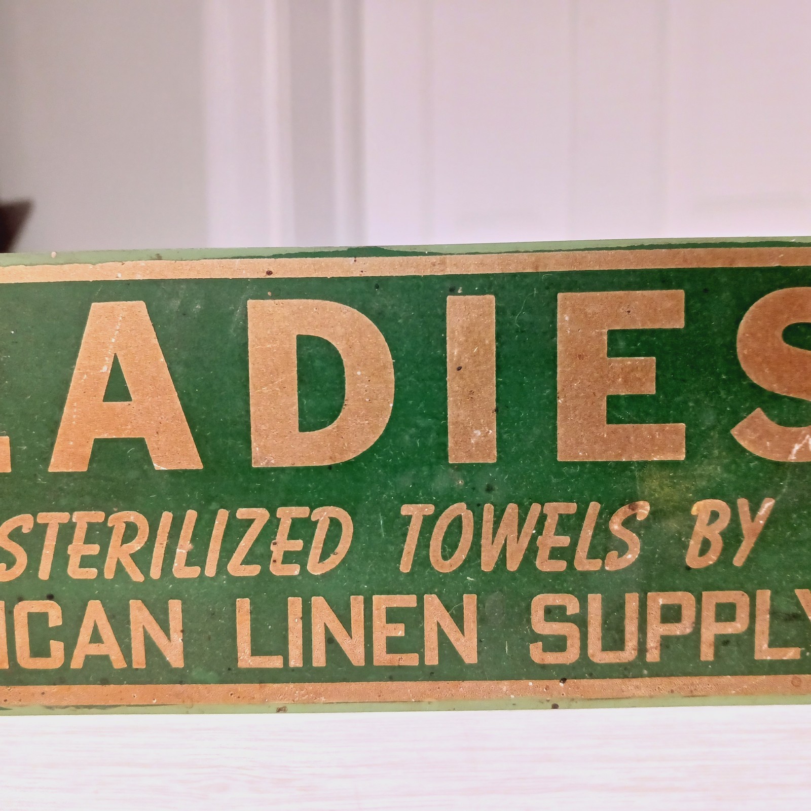 Vintage Ladies Room Sign Green Gold Sterilized Towels American Linen Supply Co.