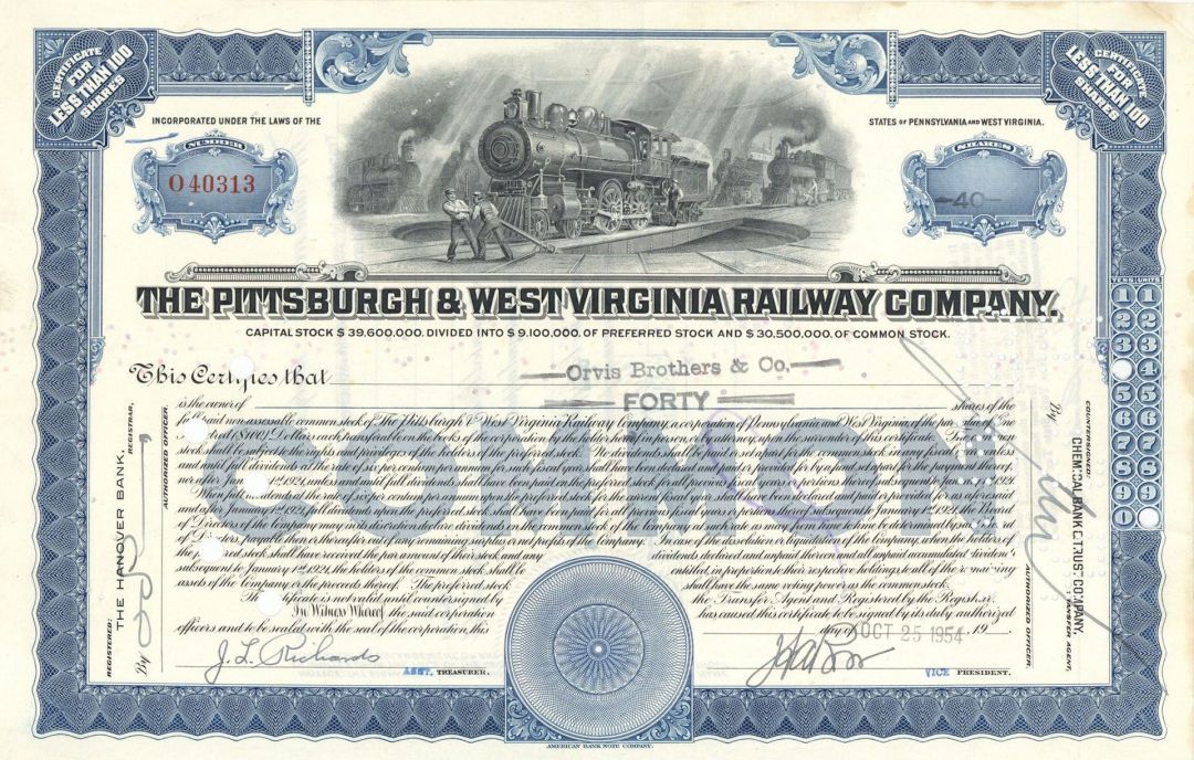 Pittsburgh and West Virginia Railway Co. - 1940's-50's dated Railroad Stock Cert
