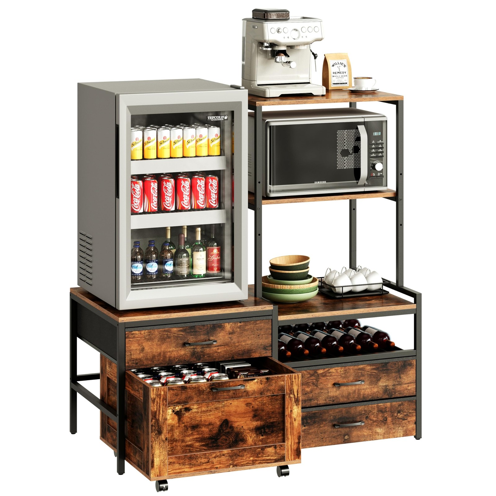 Mini Fridge Stand with Wine Rack Power Outlet Microwave Oven Stand Coffee Bar