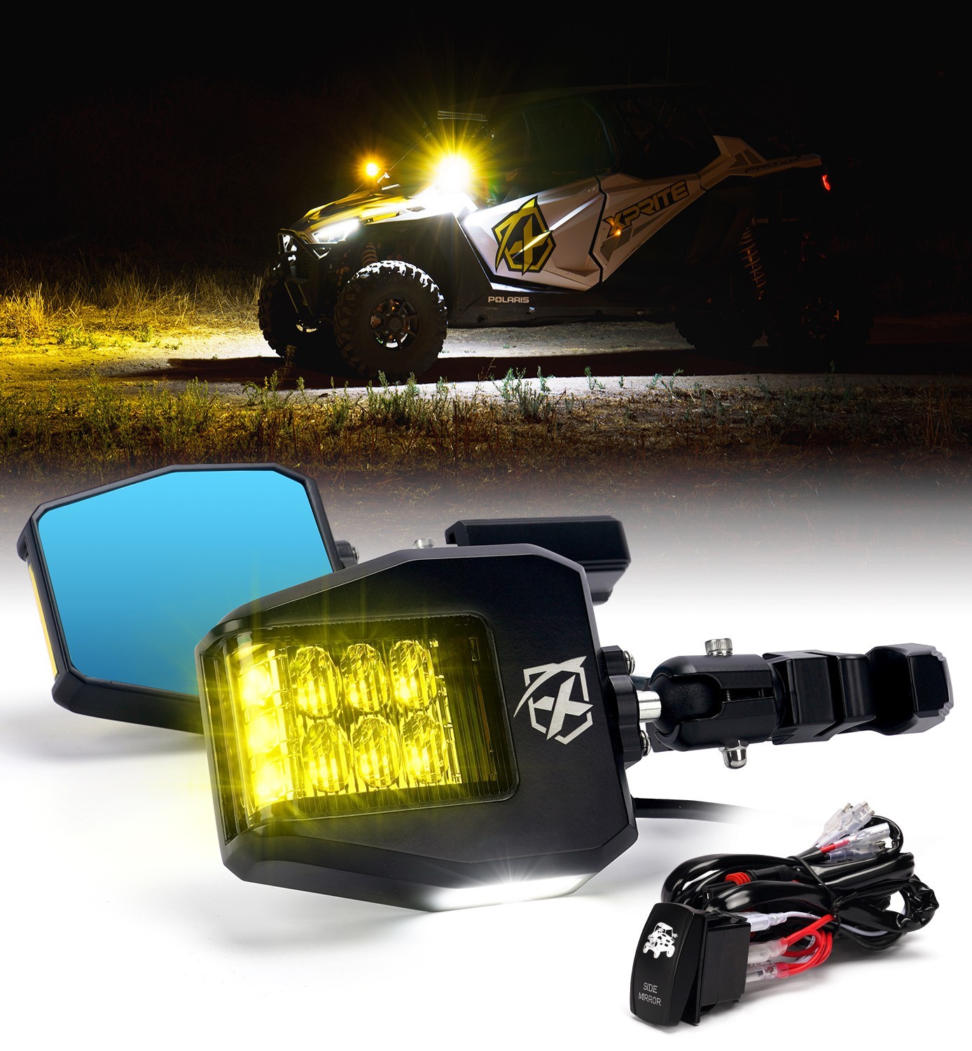 UTV Rear View Side Mirrors W/ Yellow Spot Puddle Lights for 1.75"-2" Roll Cage
