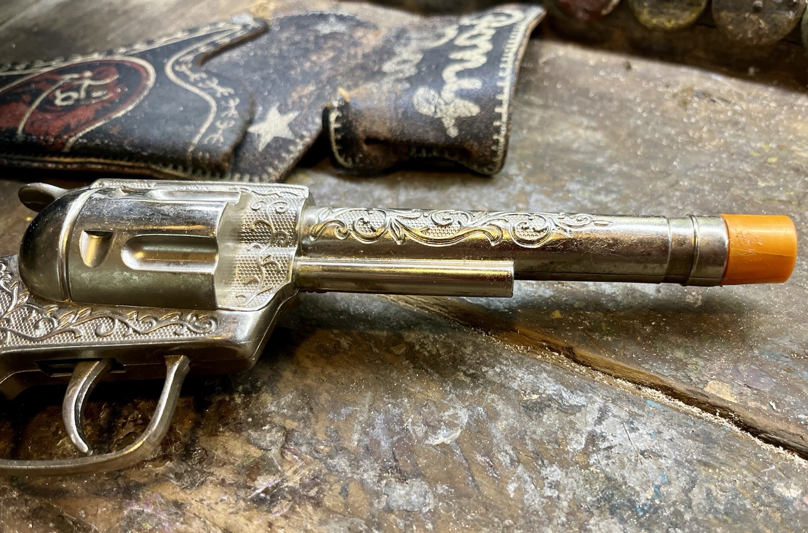 Vintage 1950’s Cowboy Hat Size 7, Cap Gun, (Works), And Holster.