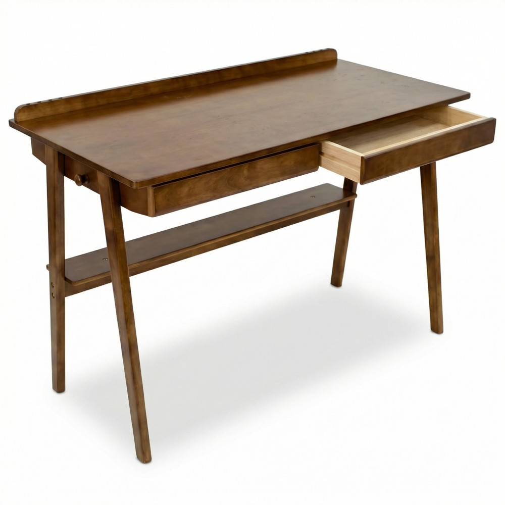 Solid Wood Writing Desk, Mid-Century Modern with 2 Drawers & Shelf