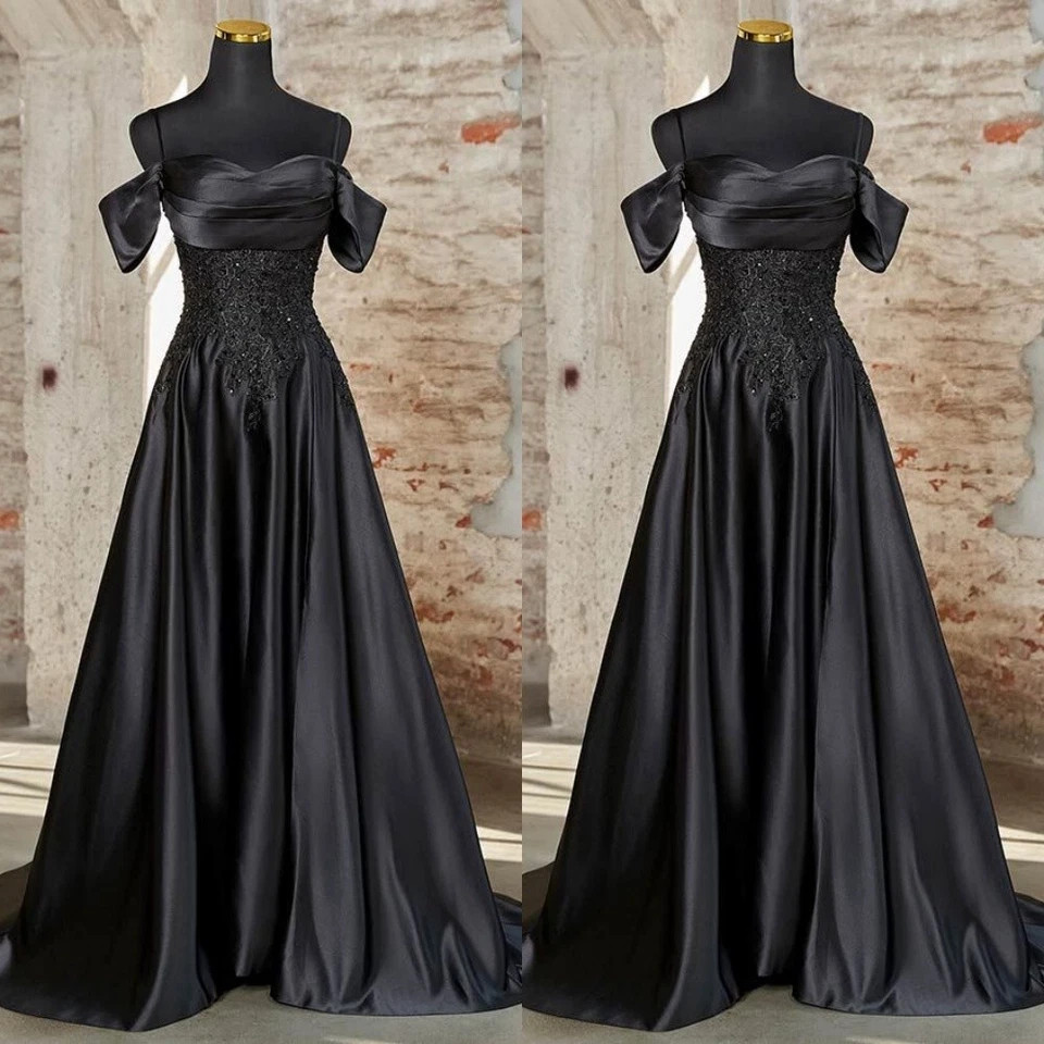 Black Satin Wedding Dresses Gothic Cap Sleeve Straps Full-Length Bridal Gowns