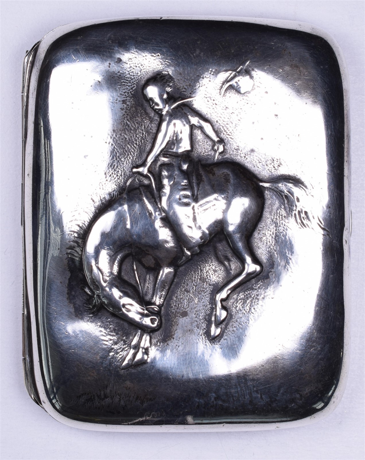 Antique Sterling Cowboy Cigarette Case Vesta Bucking Bronco 71.8 Grams