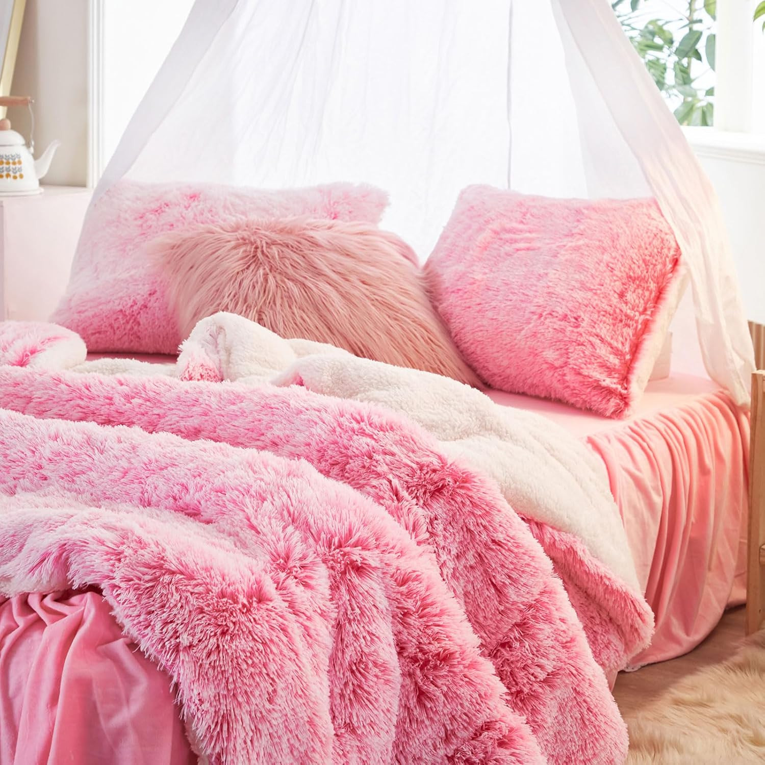 3-Piece Plush Shaggy Comforter Set, Full/Queen Size Luxury Faux Fur Sherpa Rever