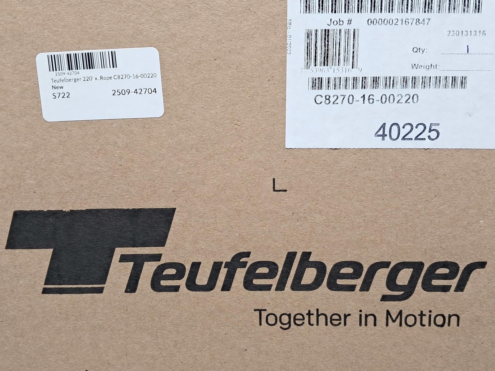 Teufelberger 220' x 1/2" Bomber Line Climbing Rope C8270-16-00220