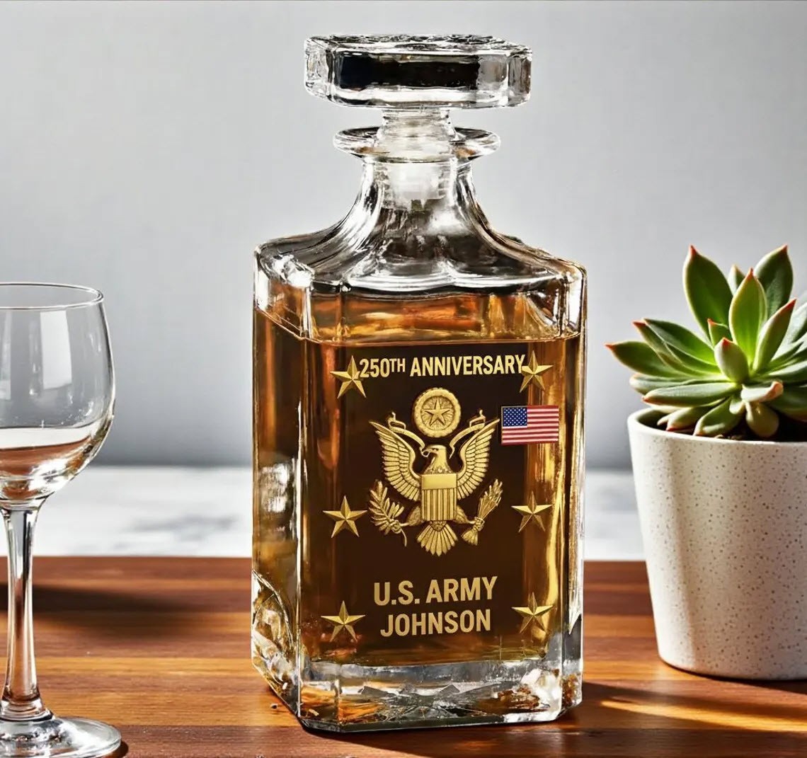 Personalized 250th Anniversary Army Whiskey Decanter Engraved Military Veteran