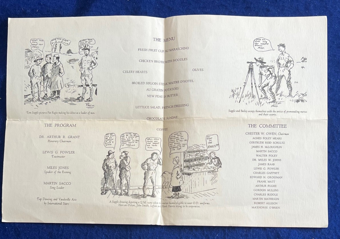 WWI AEF Base Hospital No. 48 France Veteran Reunion Menu Souvenir Cartoon WWII