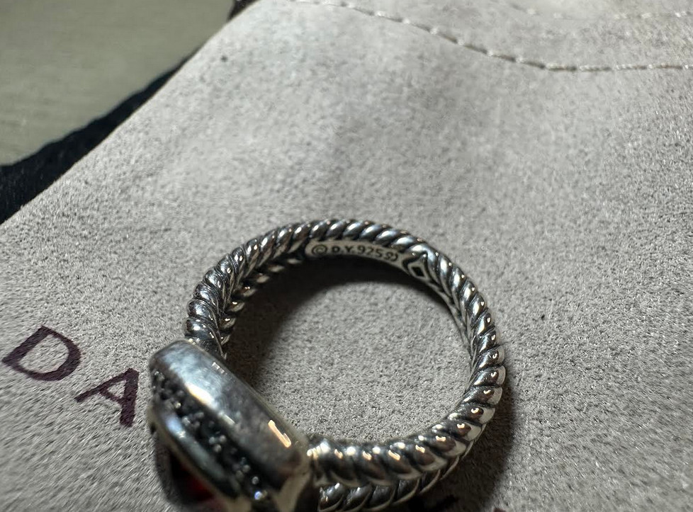 925 SILVER DAVID YURMAN 7MM PETITE ALBION RING WITH GARNET STONE AND DIAMONDS