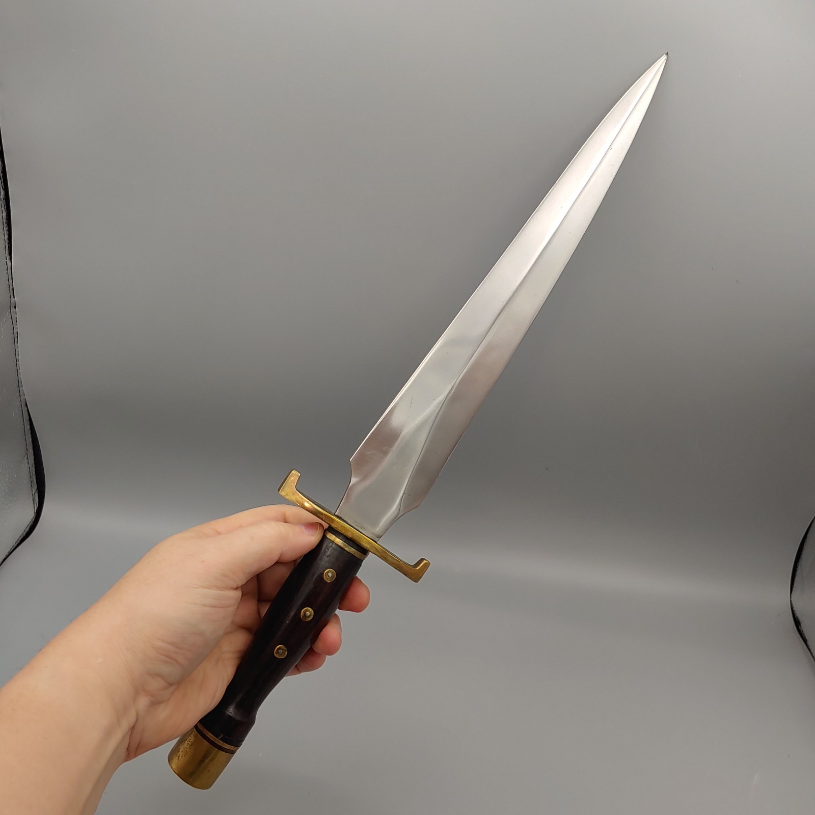 VTG Custom Arkansas Toothpick Knife Dagger w/ Sheath 19" walnut/brass handle 12"