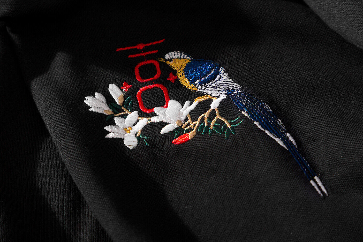 Niepce Birds and Flowers Embroidered Black Hoodie Japanese Streetwear Sweatshirt