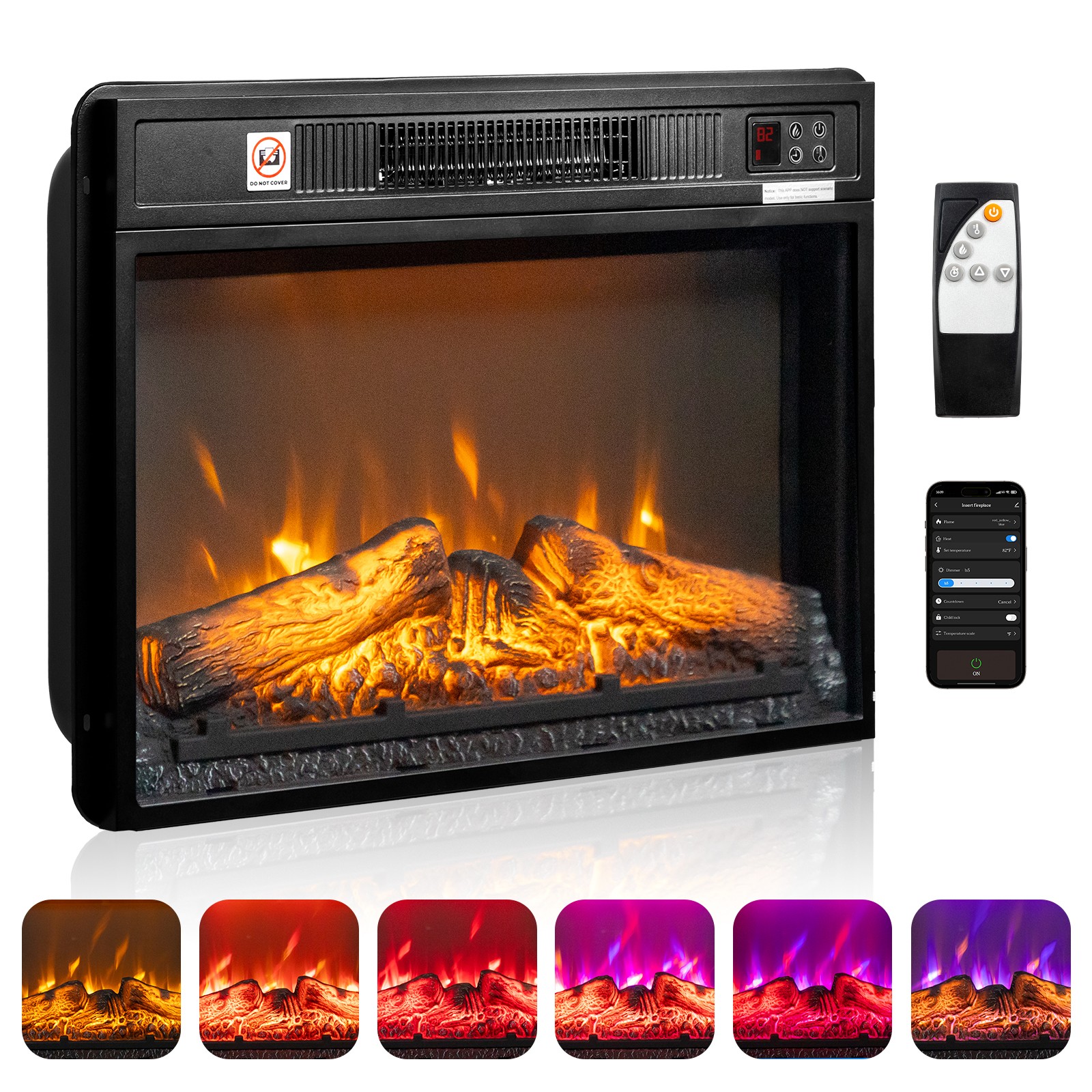 23" Embedded Electric Fireplace Insert Heater 6 Colors Realistic Flame Remote