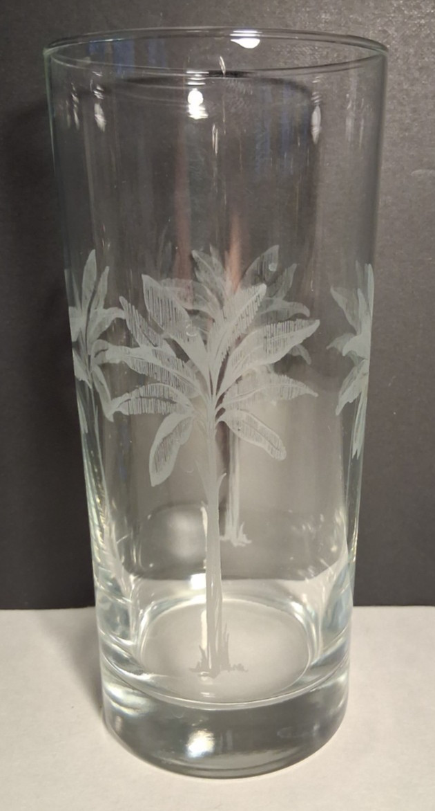 Tropical Beach Theme Glasses Set of 4 Palm Trees Retro 6-1/4" Tall 2 3/4" Dia.