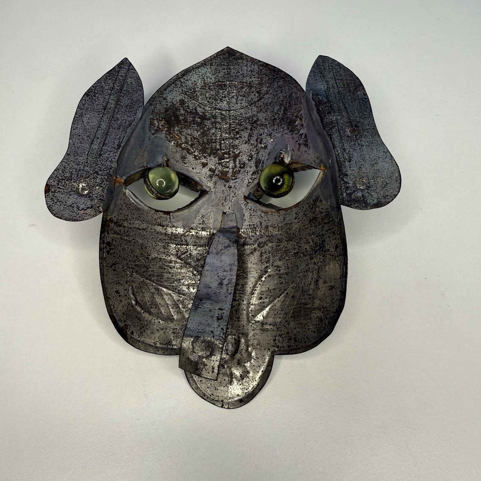 Mexican Tin Folk Art Face Mask Green Glass Eyes Wall Hanging Vintage Cultural