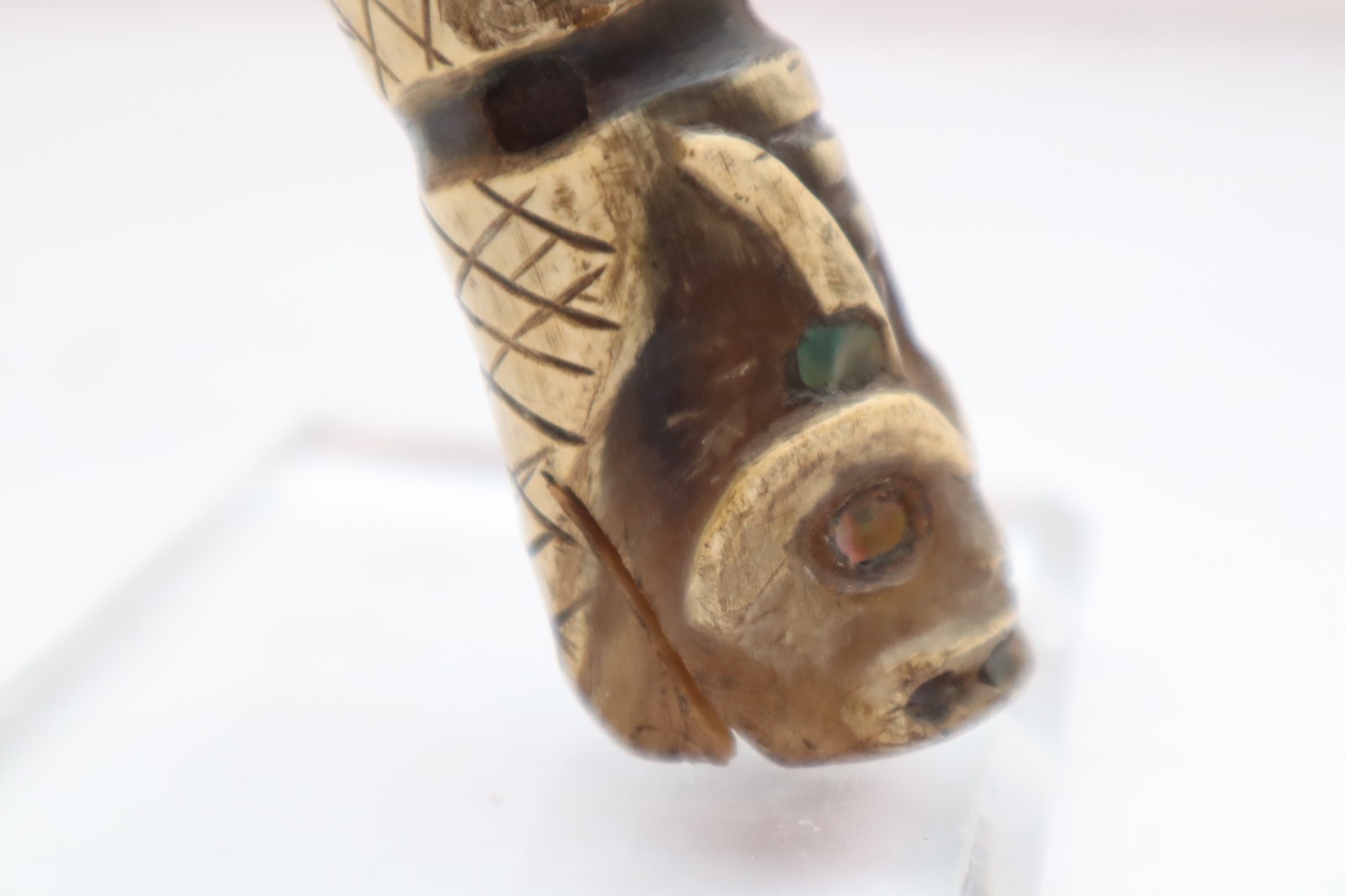 OLD HAIDA-TLINGIT ANTIQUE CEREMONIAL LADLE Horn Spoon Handle Carved Totem Inlaid