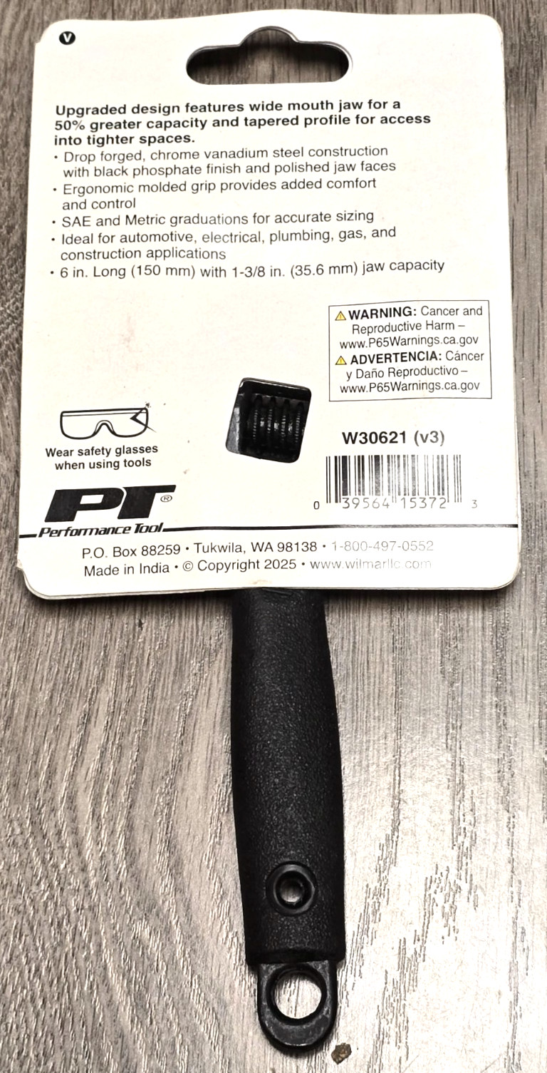 Performance Tool W30621, 6" Wide Mouth Adjustable Wrench w/ Soft Grip Handle