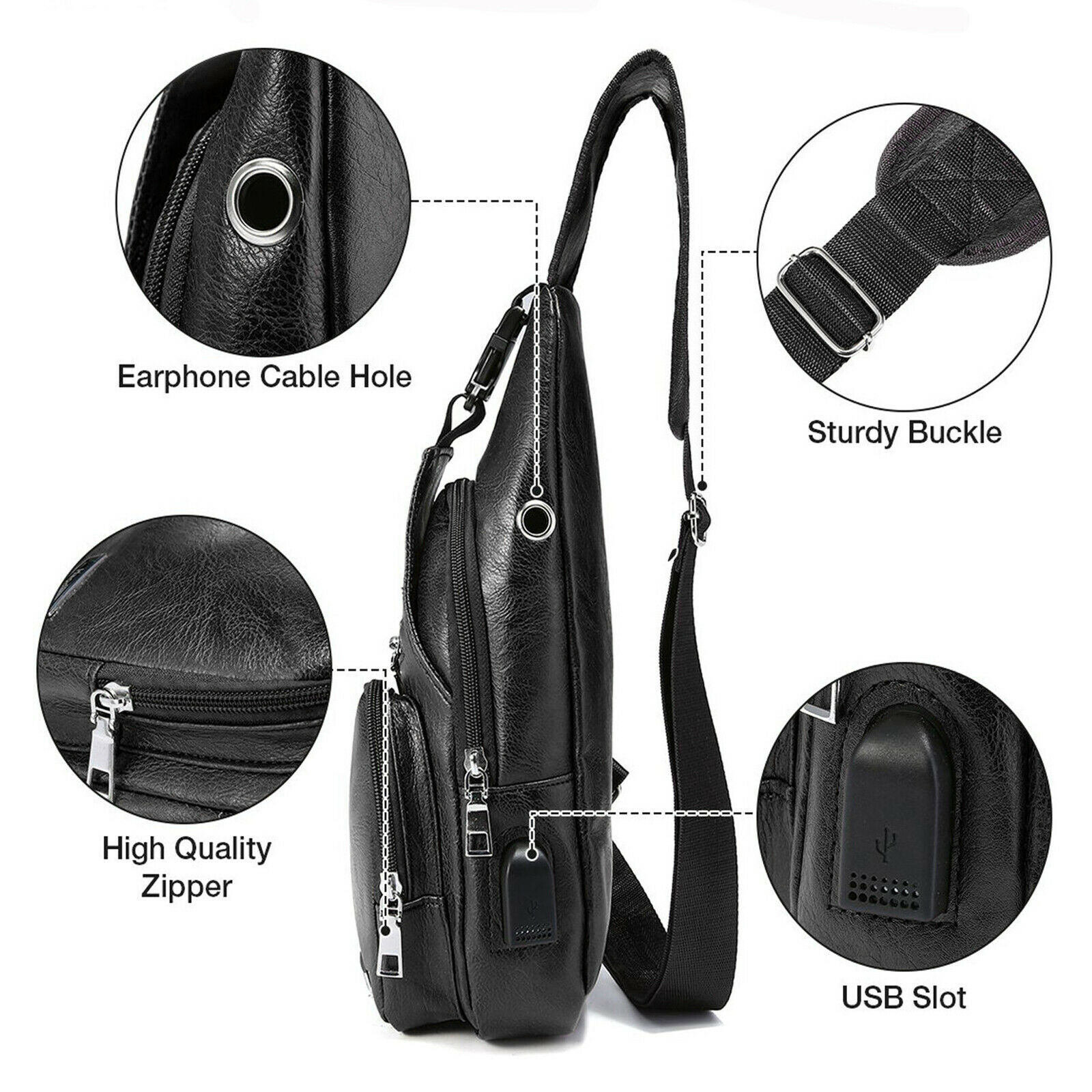 Mens Sling Backpack PU Leather Cross Body Chest Bag Fanny Packs USB Charging NEW