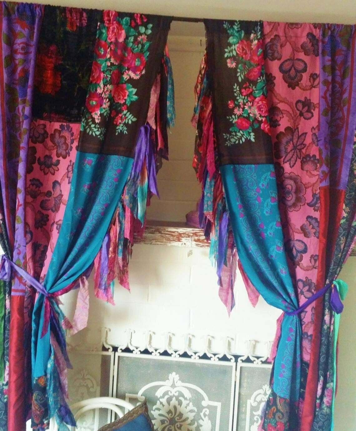 2 Pcs Indian Sari Patchwork Curtain Drape Window Decor Multi Silk Sari Curtain