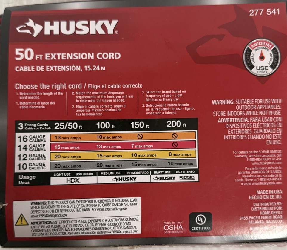 (2 Pack Husky) 50 ft. 14 Gauge Medium Duty Indoor/Outdoor Extension Cord 277541