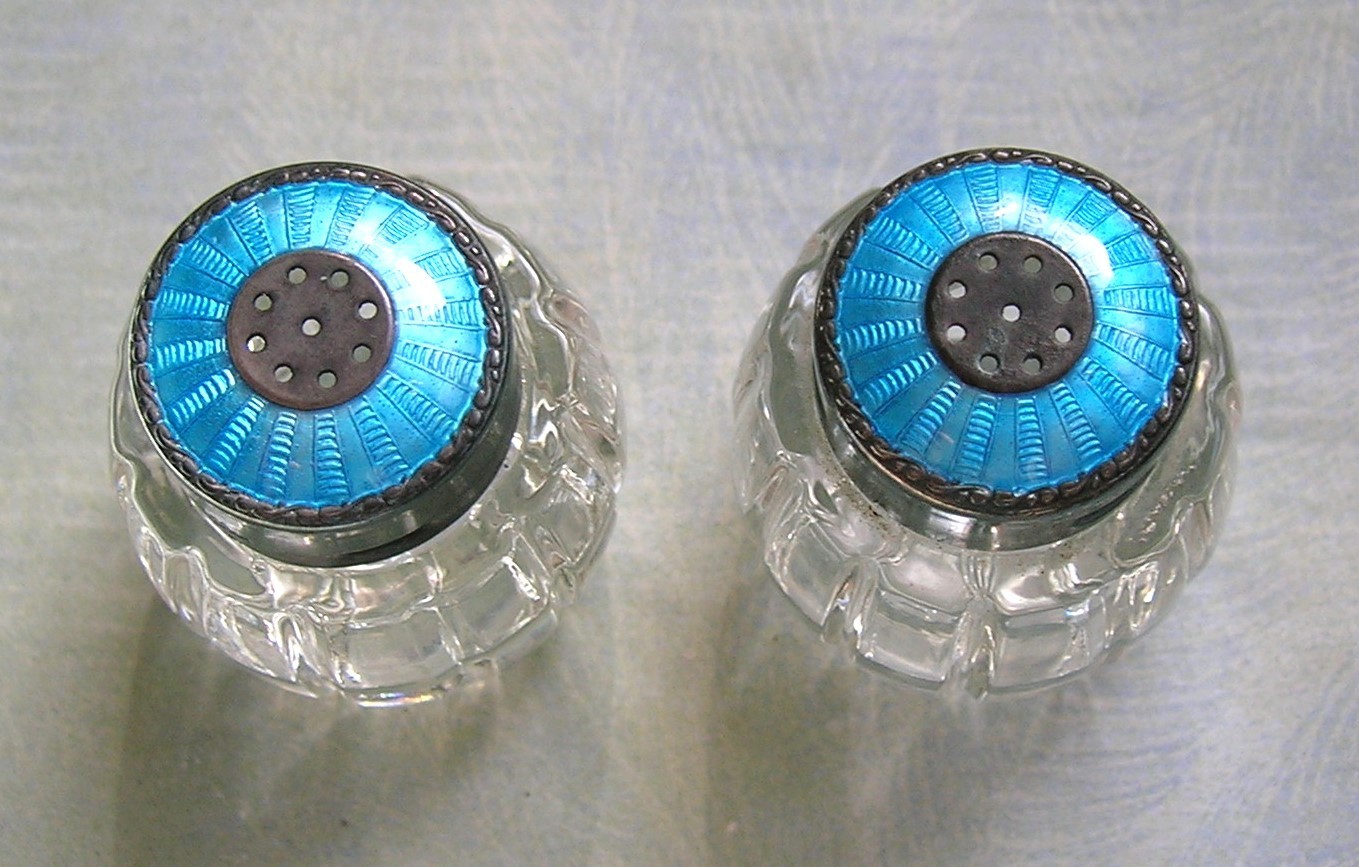 GLASS STERLING ENAMEL SALT AND PEPPER SHAKERS VINTAGE DANISH EXCELLENT CONDITION