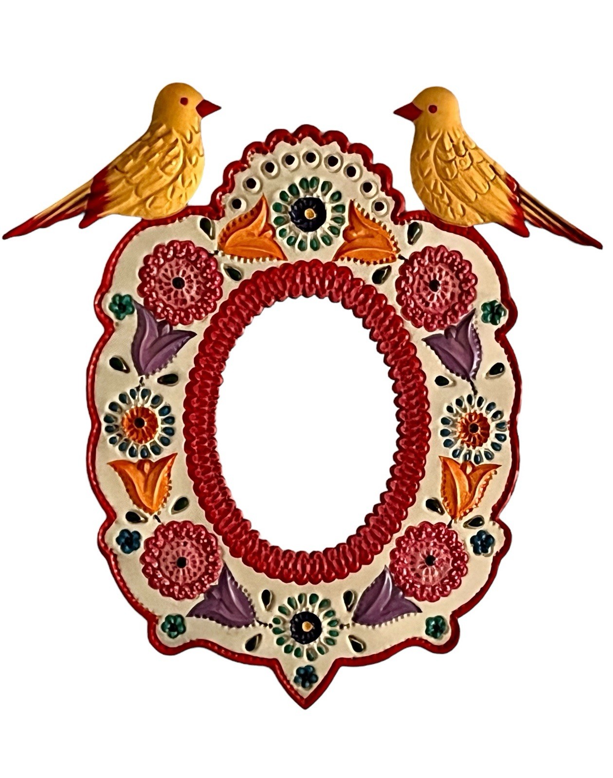 Tin MIRROR with BIRDS, Hand Painted Frame, Mexican Punched Tin, Oval Mirror 13"