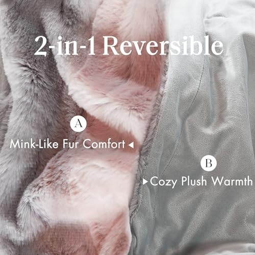 Queen Size Blanket Ultra-Soft Poly Fur Queen Size, 90x90" Blush/Grey
