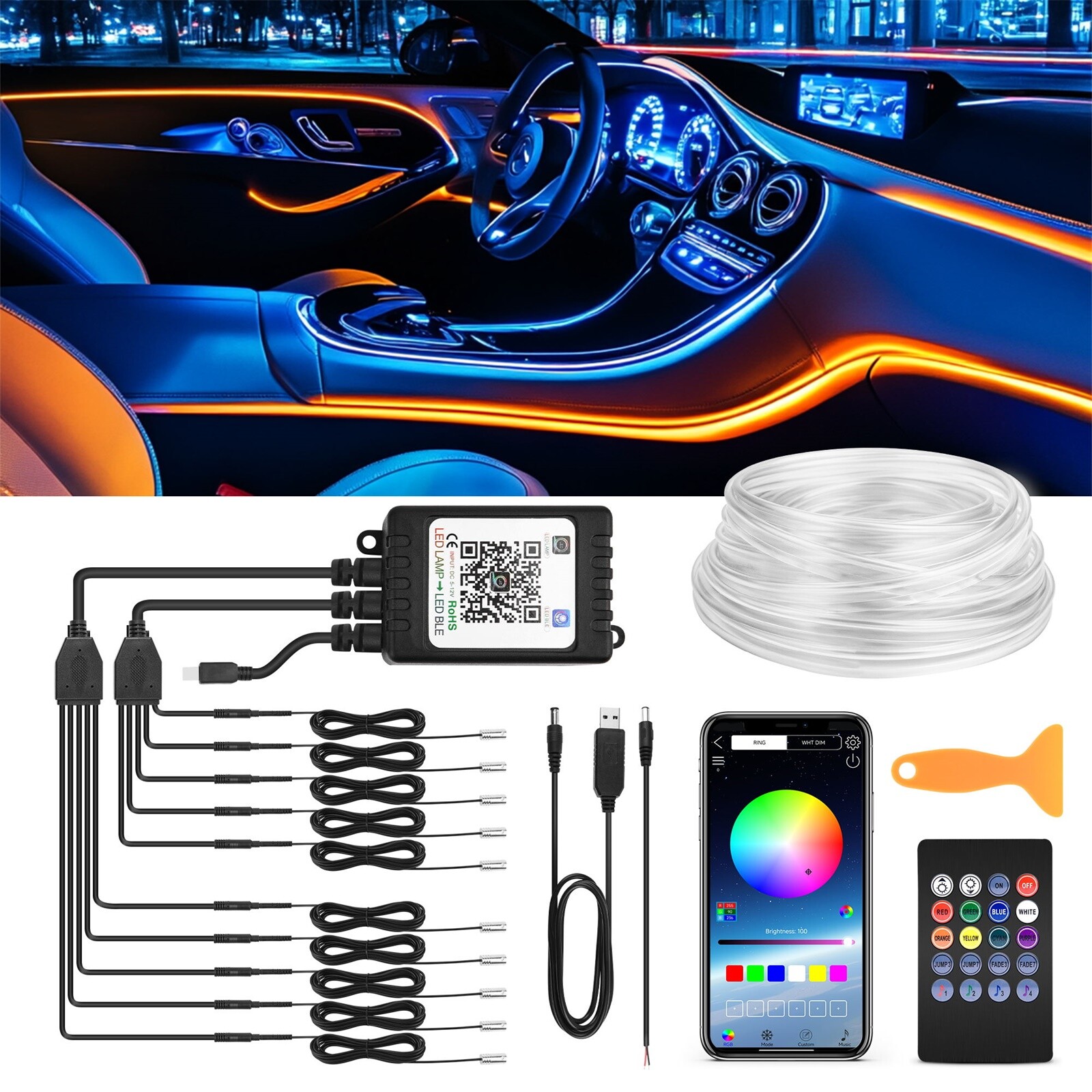 RGB 10-in-1 Interior Car LED Strip Light Neon Ambient Light Kit Fiber Optic Tube