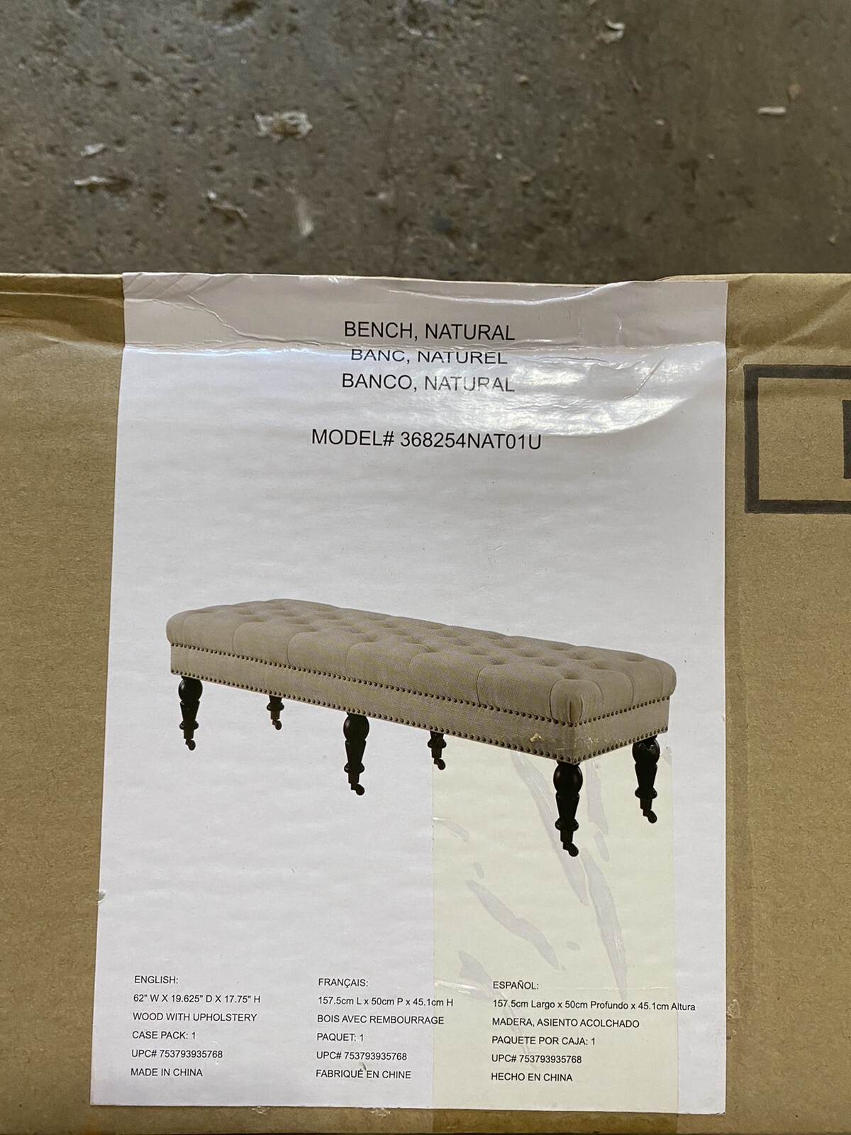 Linon Isabelle 50" Bench in Beige