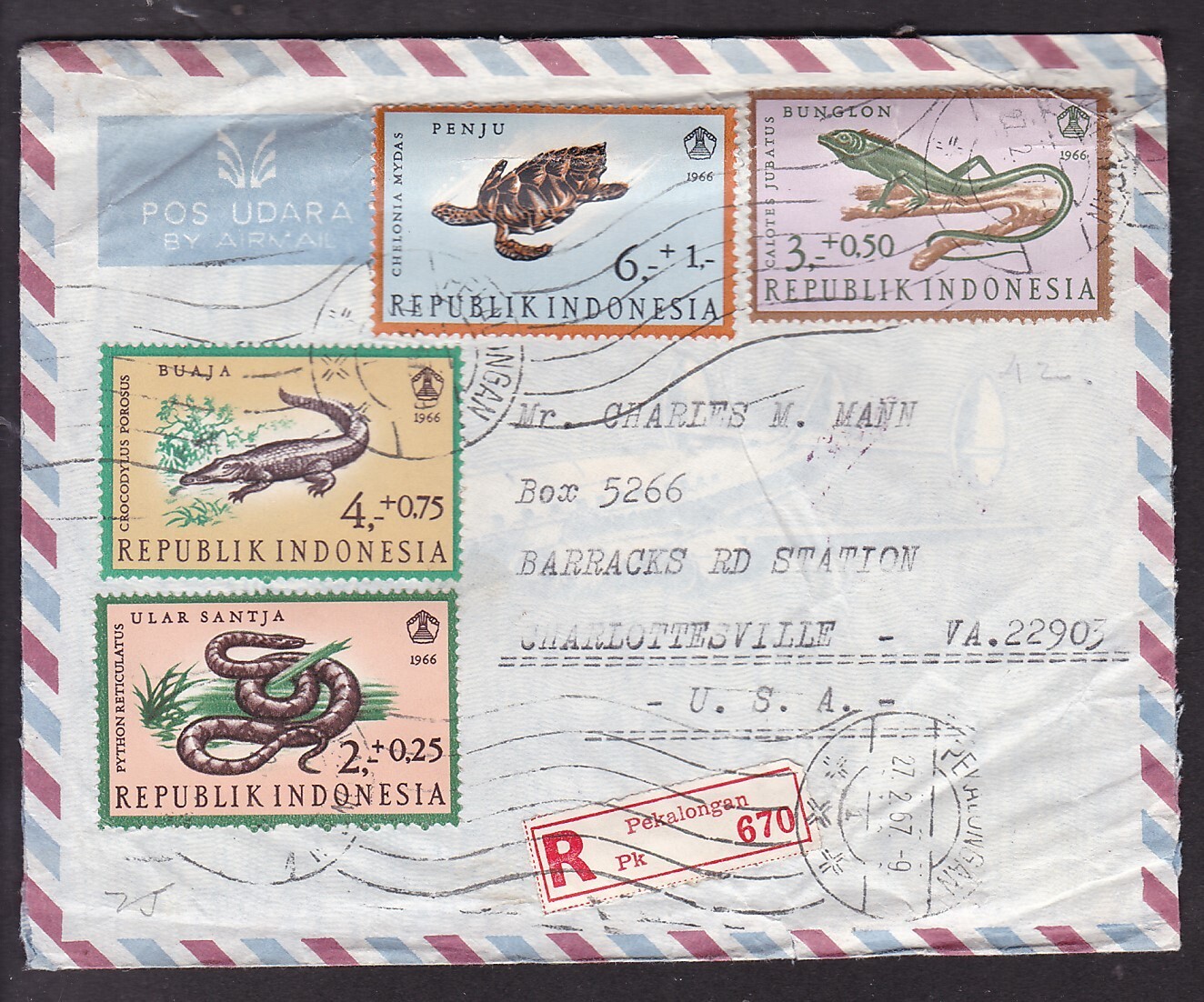 REGISTERED 2-SIDE COVER, REPUBLIK OF INDONESIA TO CHARLOTTESVILLE, VA. 1967