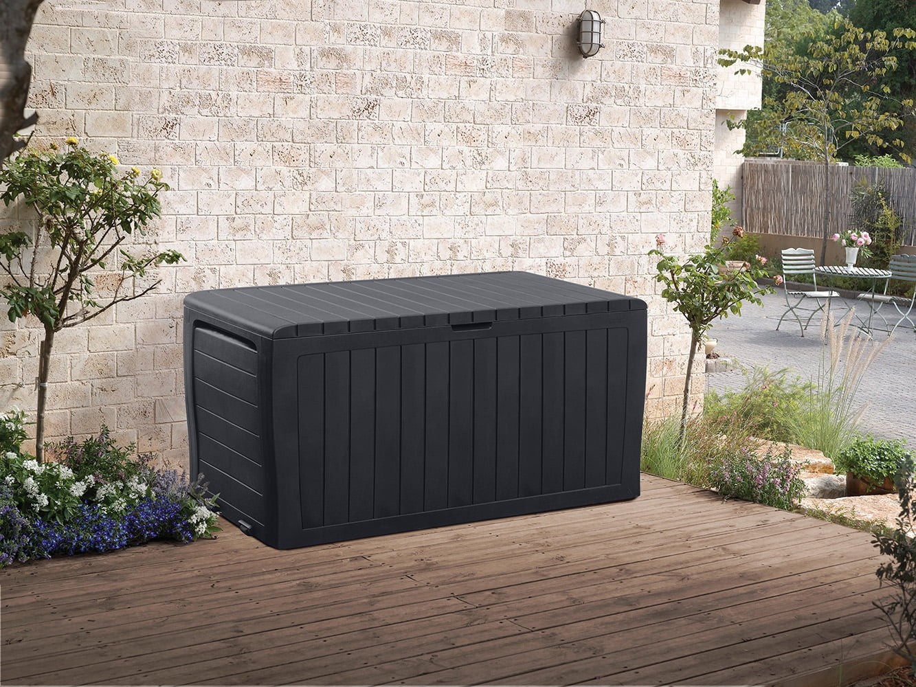 Keter Marvel Plus 71 Gallon Resin Outdoor Storage Box with Wood-Look Texture,
