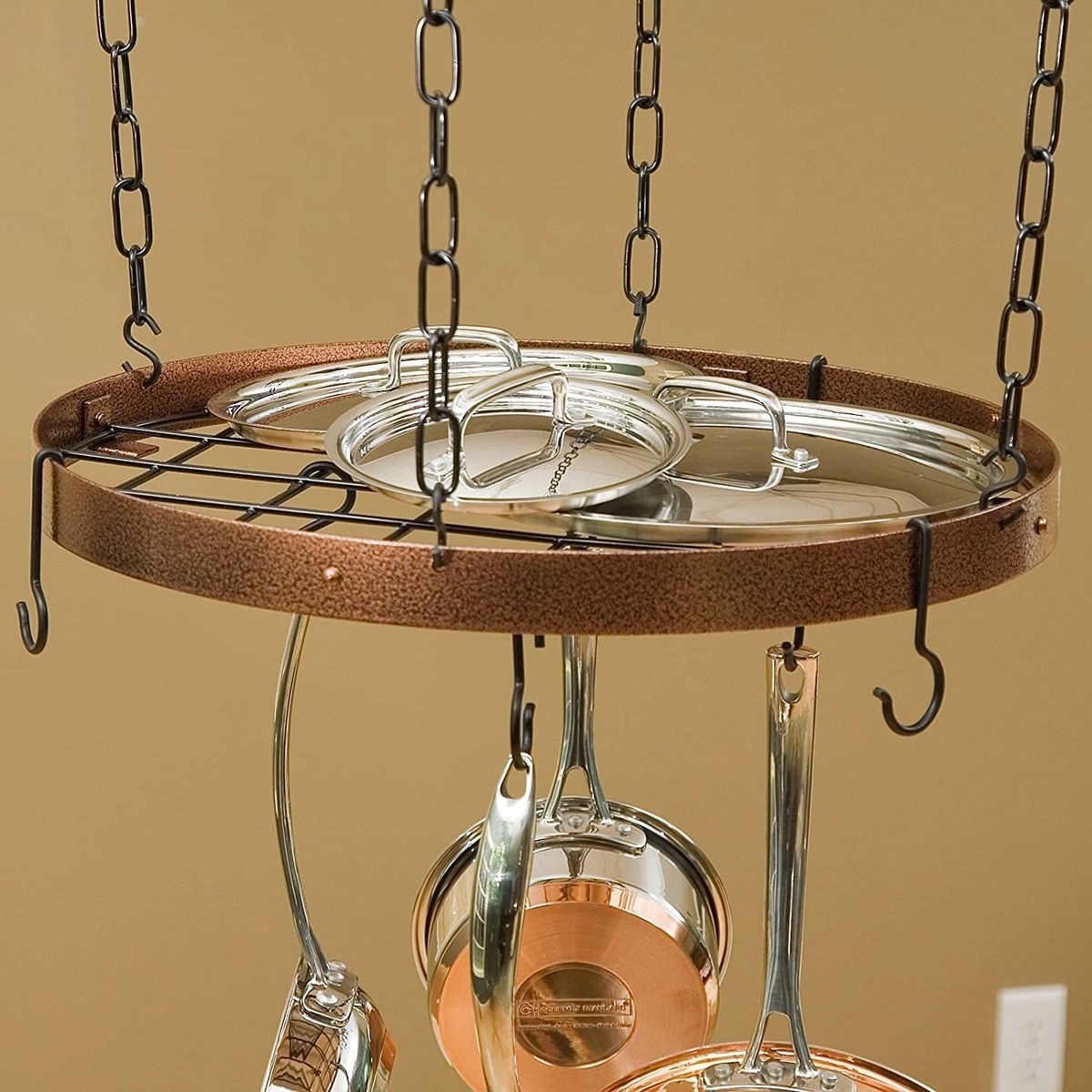 Rogar Round Pot Rack with Grid Hammered Copper / Black