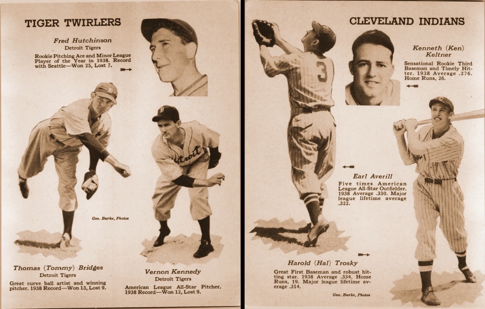 1938 Detroit Tigers Tommy Bridges Cleveland Indians Earl Averill Baseball Page