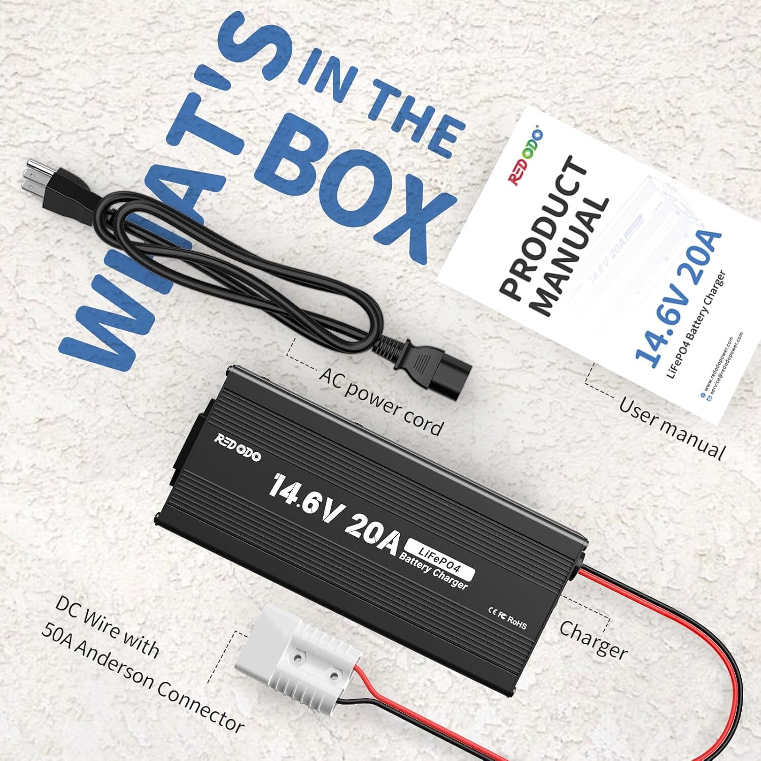 Redodo 14.6V 20A LiFePO4 Battery Charger Fast Charging for Lithium Battery Used