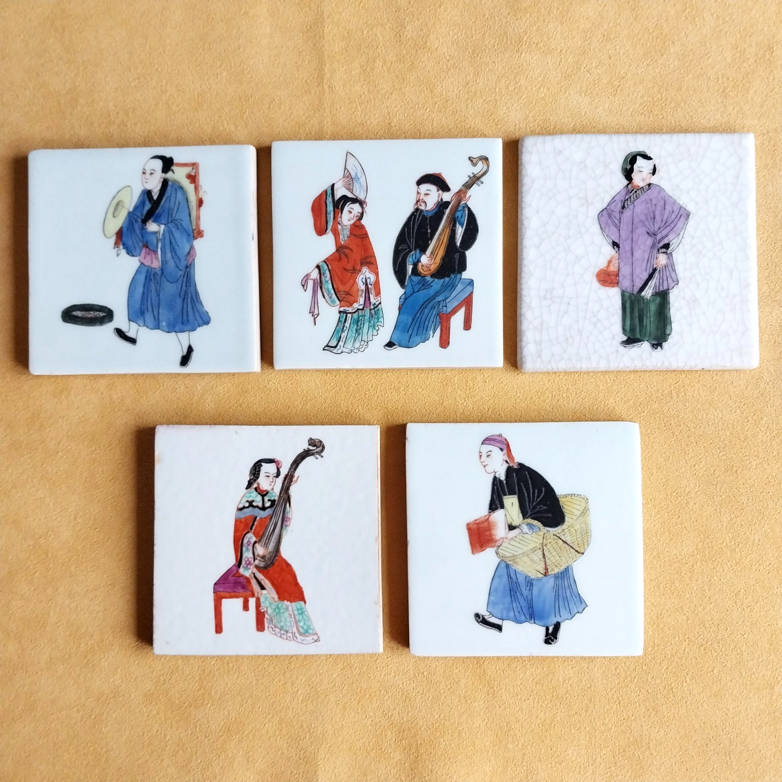 Grouping of Chinese Polychrome Porcelain Figurative Tiles 3 3/4"