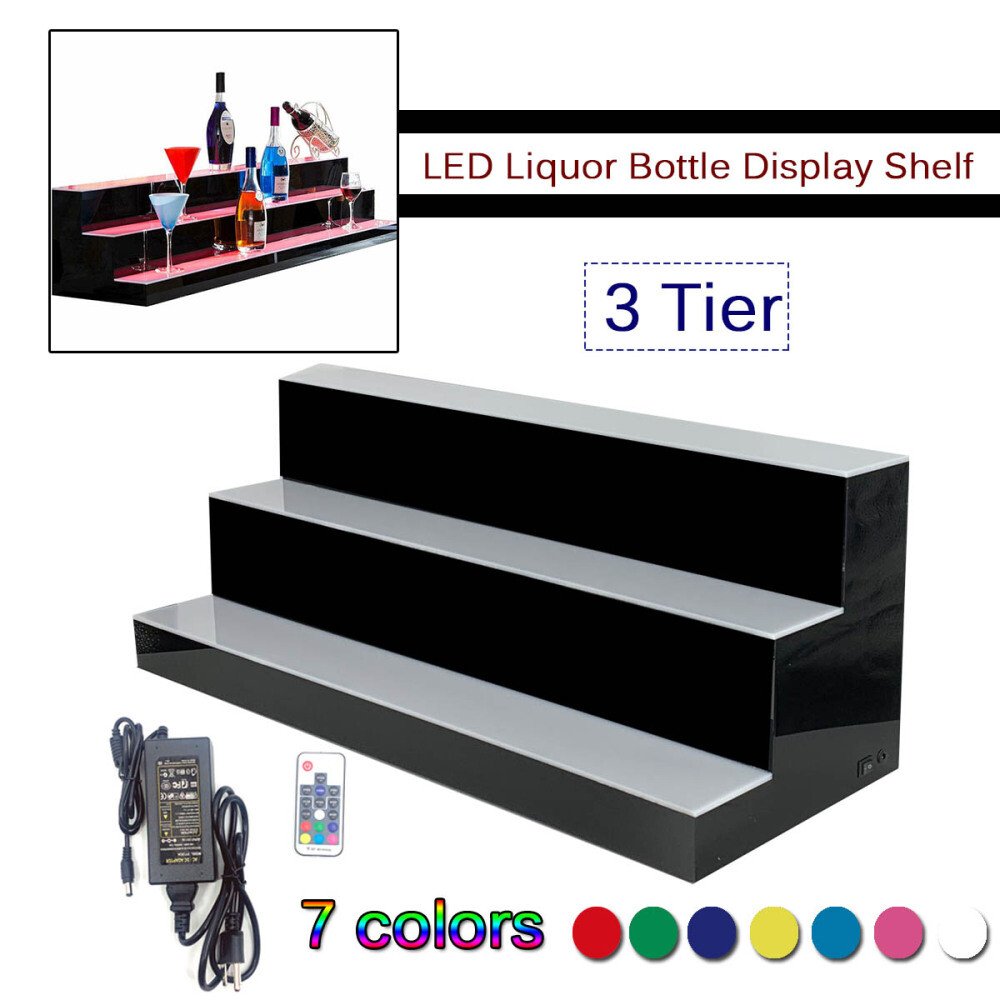 39" 3 Step Tier LED Lighted Shelves Illuminated Liquor Bottle Display Stand US