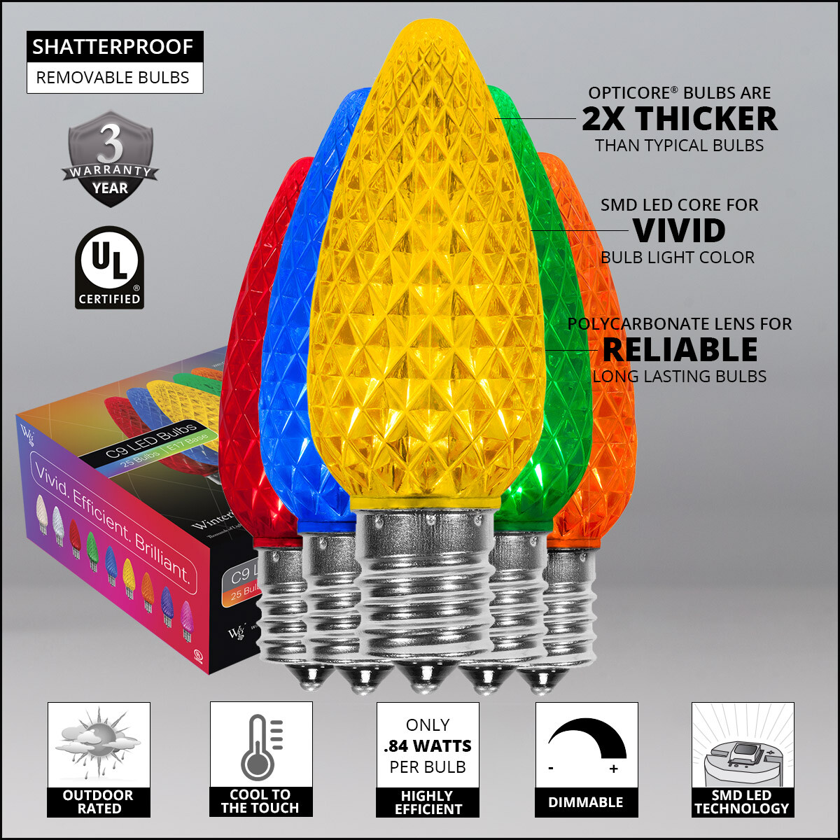 50 C9 OptiCore Shatterproof LED Christmas Lights Faceted Finish, Green Wire 50ft