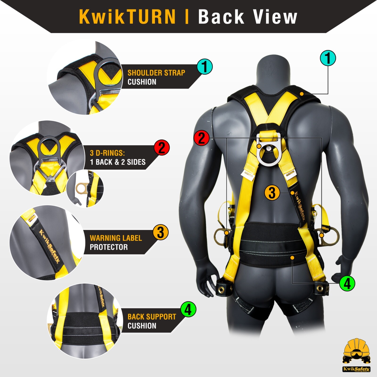 KwikSafety TYPHOON Safety Harness ANSI Fall Protection 3D Ring + Back Support