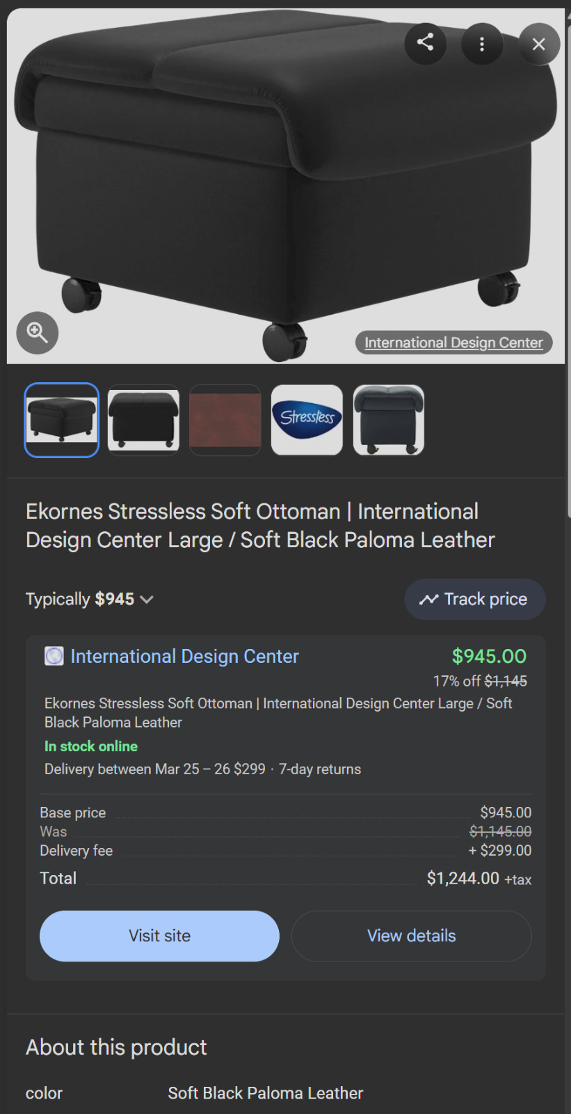 Ekornes Stressless "Soft" Leather Storage Ottoman | Black | Locking Casters